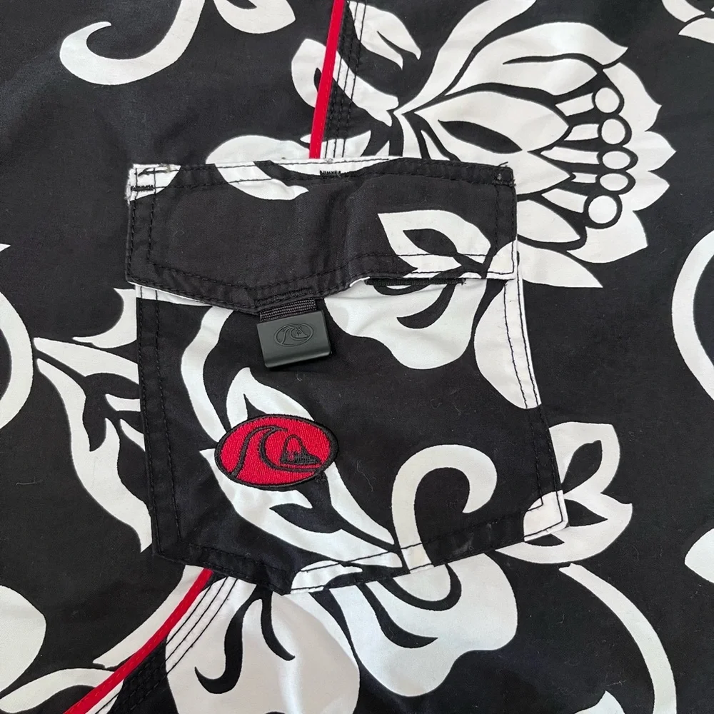 Quiksilver Black & White Floral Board Shorts with Red Trim